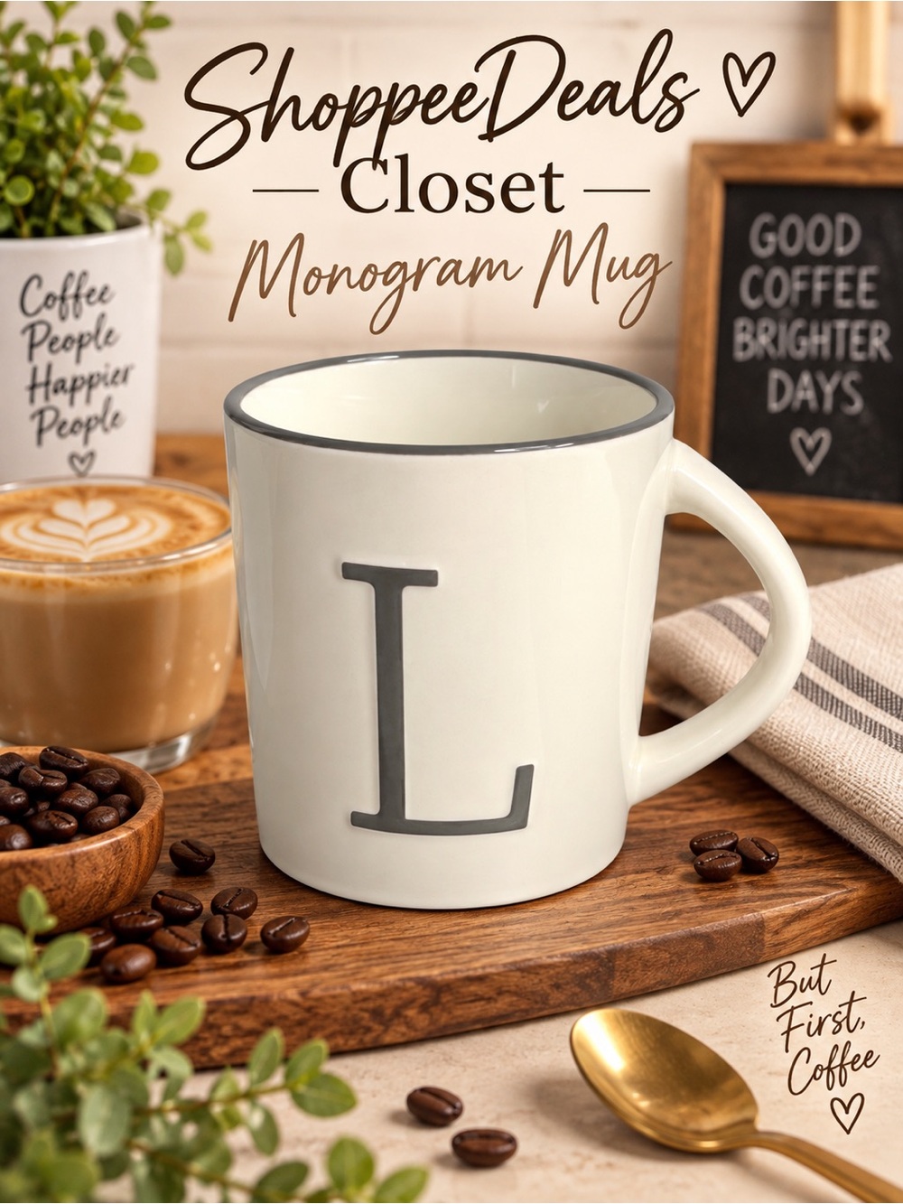 Spritz Target Monogram “L” Stoneware Mug White Gray Initial Coffee Cup
